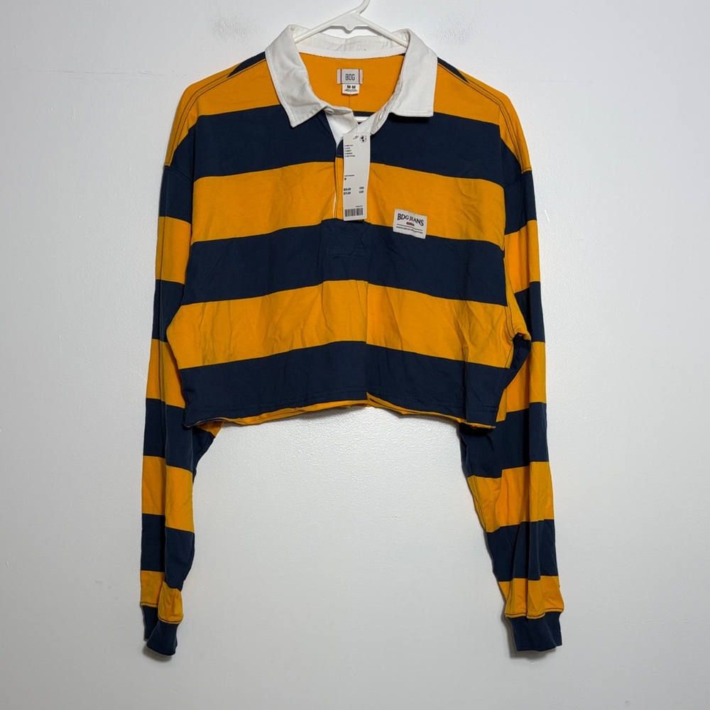 Urban Outfitters BDG Striped Yellow and Navy Long Sleeve Polo